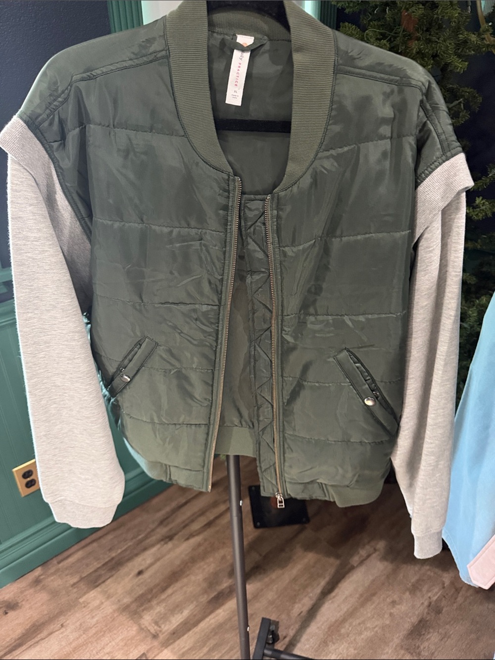 Olive Green Quilted Bomber Jacket with Gray Knit Sleeves
